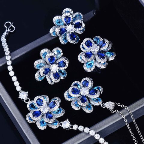 European And American Temperament Color Zircon Flower Earrings Simple Three-dimensional Camellia Pendant Open Ring