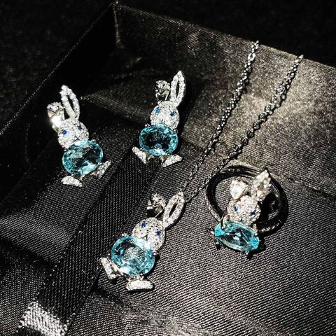 Micro-inlaid Diamond Xiaomengtu Stud Earrings Imitation Natural Sky Blue Topaz Pendant Cute Open Rabbit Ring For Women