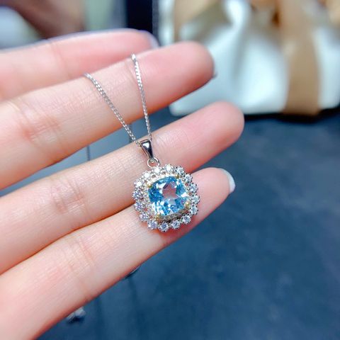Internet Celebrity Live Streaming Imitation Natural Colorful Crystal Stone Suit Sky Blue Topaz Necklace Ring Eardrops Stud Earrings Female