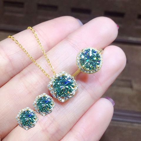 3 Carat Hearts And Arrows High Carbon Diamond Plated Imitation Blue-green Moissan Diamond Pendant Ring Earrings