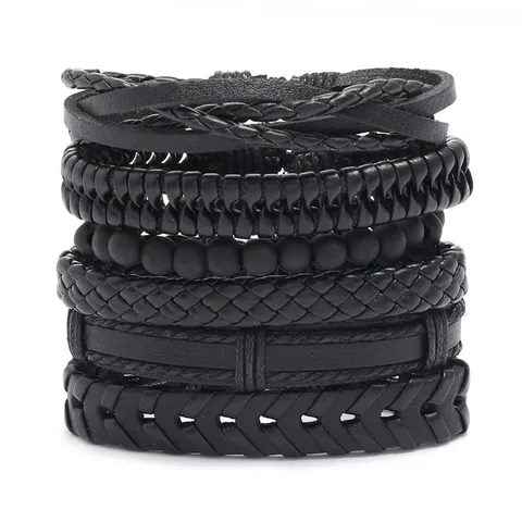 Retro Black Woven Men's Leather Bracelet Simple Diy Combination Set Bracelet