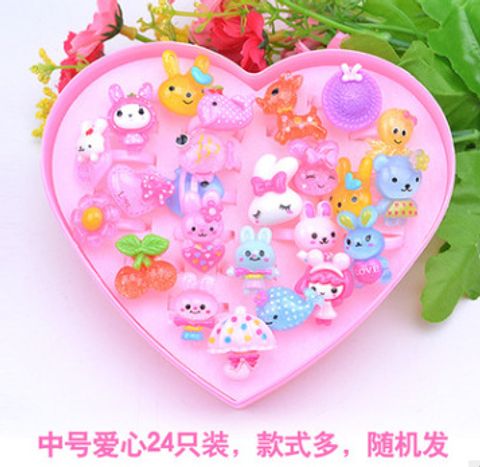 Korean Children's 24 Heart Box Cartoon Ring Transparent Resin Ring Wholesale