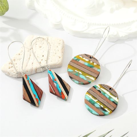 Retro Colorful Wood Resin Stitching Round Geometric Pendant Earrings