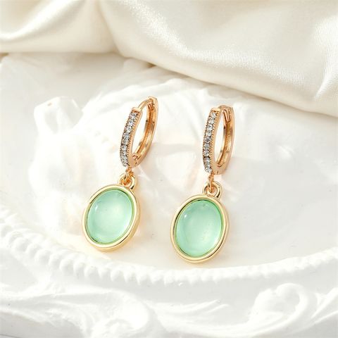 European Retro Simple Green Oval Opal Rhinestone Earrings Necklace Wholesale