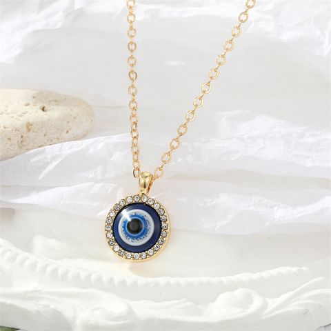 Retro Trend Point Diamond Round Turkish Eye Pendant Necklace Clavicle Chain