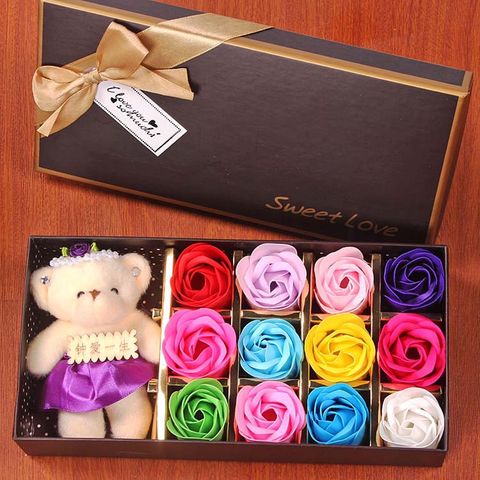 Christmas Gift 12 Rose Soap Flower Gift Box Plus Cotton Bear Festive Promotional Supplies Casual Gift Wholesale