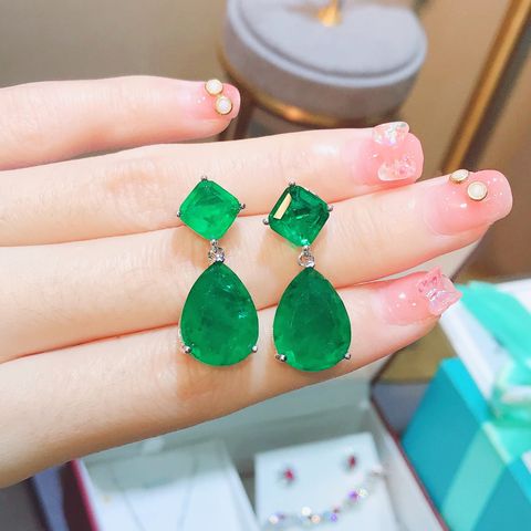 Simple Blue Water Drop Simulation Emerald Copper Earrings Wholesale