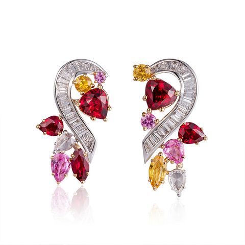 Fashion Light Luxury Full Diamond Ruby Pendant T Square Diamond Earrings Female