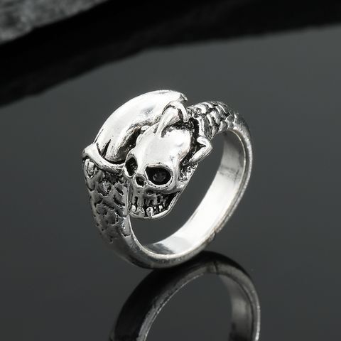 Retro Ring Fashion Alloy Silver Opening Punk Ring Skull Head Ruby Ring