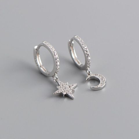Fashion 925 Silver Needle Star And Moon Asymmetric Earrings Earrings Wholesale