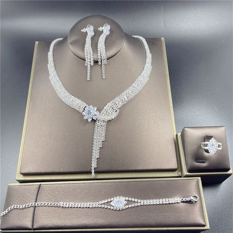 Fashion Bridal Jewelry Necklace Earrings Ring Bracelet Four-piece Crystal Set
