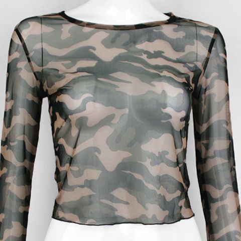 Vintage Mesh Top Women's New Camouflage Long-sleeved T-shirt