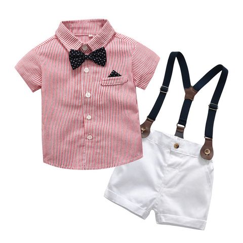 Boy Suit Children's Striped Single-breasted Shirt Suspender Shorts Two-piece