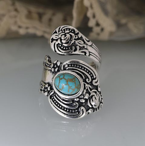 Creative Flower Rose Carved Exaggerated Retro Turquoise Ring Wholesale