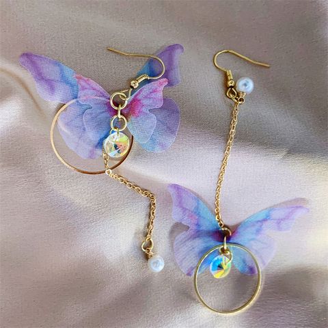 Sweet Butterfly Alloy Asymmetrical Pearl Inlay Zircon Women's Drop Earrings 1 Pair