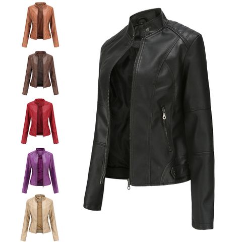 Women's Fashion Solid Color Zipper Leather Jacket Jacket