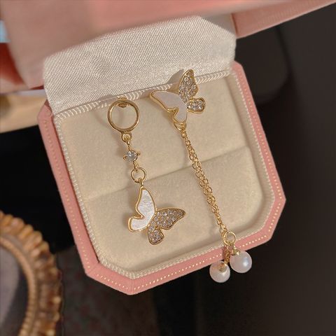 Fashion Butterfly Alloy Asymmetrical Artificial Pearls Rhinestones Women's Drop Earrings 1 Pair