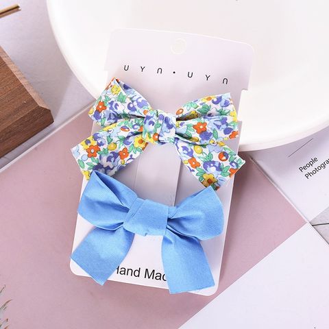 Sweet Flower Bow Knot Cloth Printing Hair Clip 2 Pieces