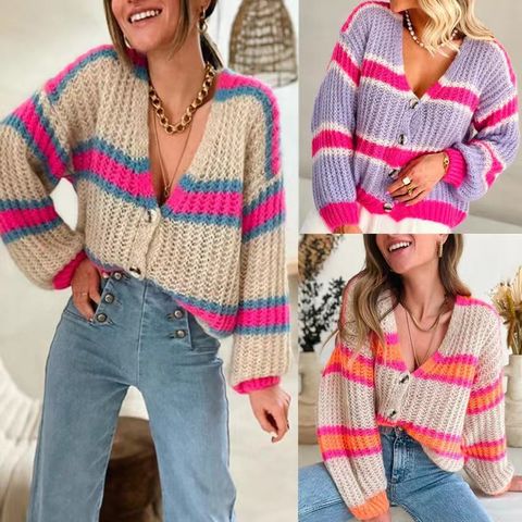 Fashion Color Block Polyester V Neck Long Sleeve Regular Sleeve Contrast Binding Sweater