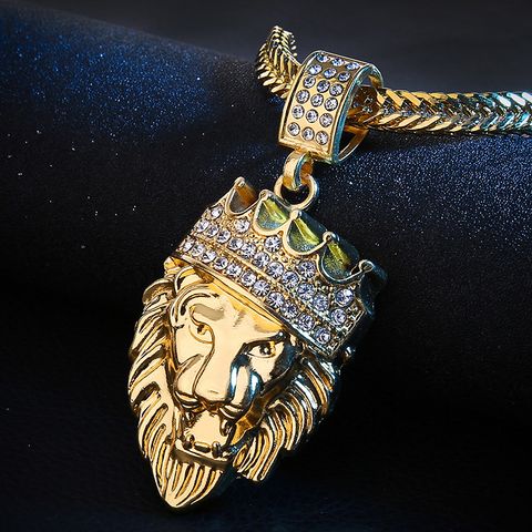Collar De Aleación De León De Moda Con Incrustaciones Luminosas De Diamantes De Imitación, Colgante Para Hombre, 1 Pieza