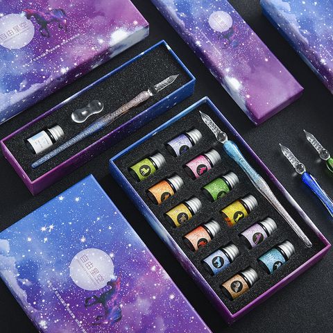 Fashion Starry Sky Signature Crystal Student Water Glass Dipping Ink Pen 1 Set