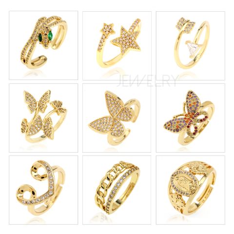 Fashion Star Snake Butterfly Copper Gold Plated Zircon Open Ring 1 Piece