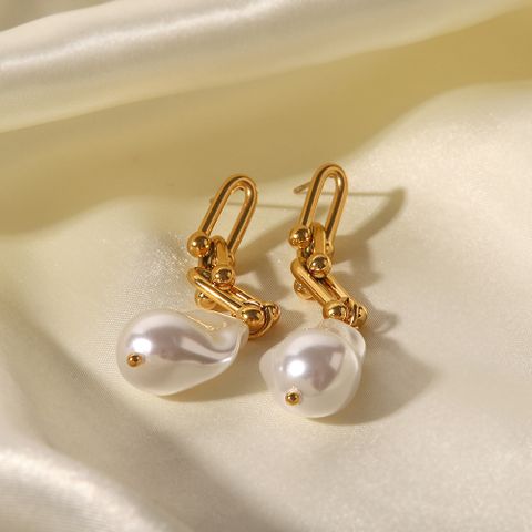 Fashion Geometric Stainless Steel Gold Plated Pearl Drop Earrings 1 Pair