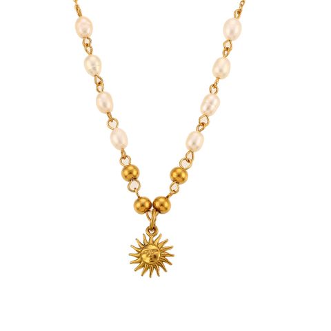 Retro Sun Stainless Steel Plating Pearl Pendant Necklace