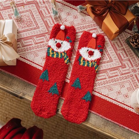 Women's Christmas Cartoon Polyester Coral Fleece Crew Socks A Pair