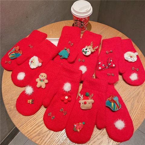 Women's Cute Santa Claus Color Block Elk Knitted Fabric Gloves
