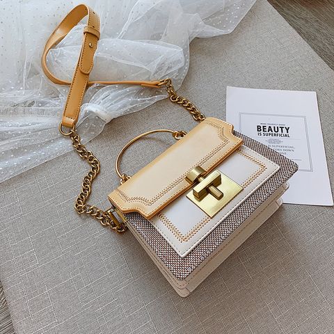 Women's Small Pu Leather Color Block Fashion Square Lock Clasp Handbag