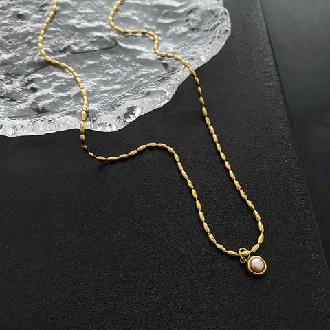 Glam Round Titanium Steel Plating Artificial Pearls Pendant Necklace