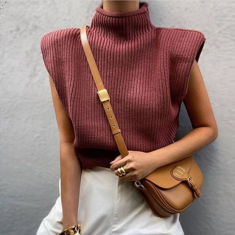 British Style Solid Color Spandex Turtleneck Sleeveless Regular Sleeve Patchwork Sweater