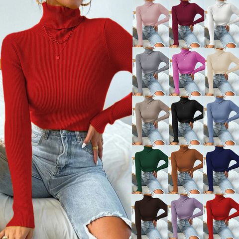 Women's Sweater Long Sleeve Sweaters & Cardigans Knitted Simple Style Solid Color