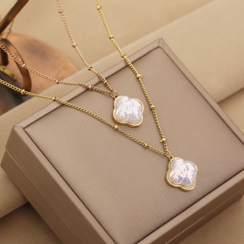Fashion Four Leaf Clover Titanium Steel Plating Artificial Pearls Necklace