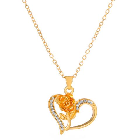 Fashion Heart Shape Rose Alloy Inlay Rhinestones Women's Pendant Necklace 1 Piece