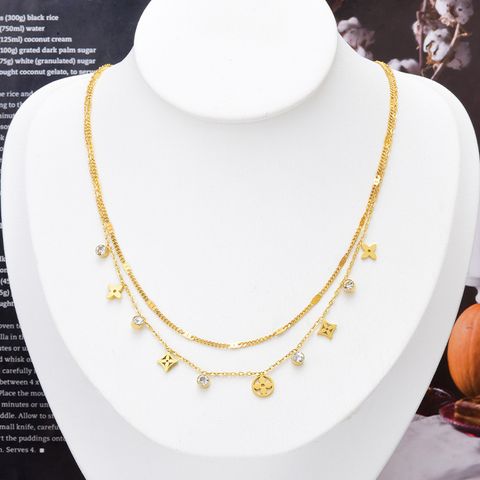 Fashion Four Leaf Clover Titanium Steel Inlay Zircon Layered Necklaces 1 Piece