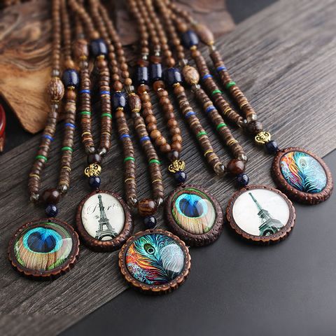 Ethnic Style Feather Wood Beaded Unisex Pendant Necklace 1 Piece
