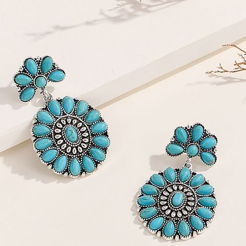 Simple Style Flower Alloy Inlay Turquoise Women's Drop Earrings 1 Pair