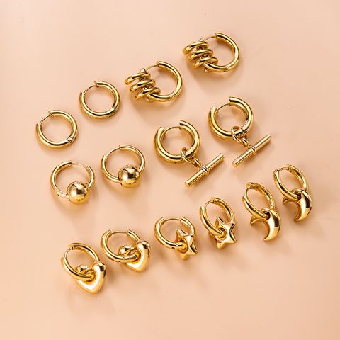 Fashion Pentagram Moon Stainless Steel Titanium Steel Gold Plated Earrings 1 Pair