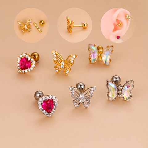 1 Piece Fashion Heart Shape Butterfly Hollow Out Inlay Stainless Steel Copper Zircon Ear Studs