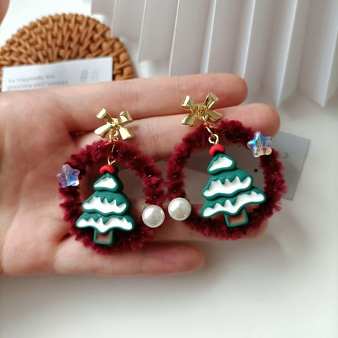 Fashion Geometric Christmas Tree Bow Knot Alloy Resin Plush Patchwork Artificial Pearls Women's Drop Earrings 1 Pair