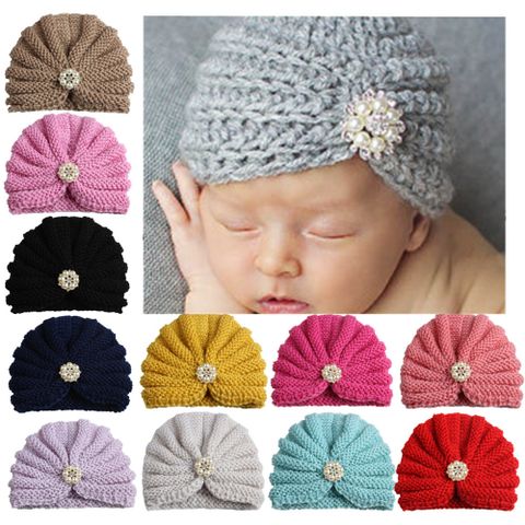 Baby Girl's Fashion Solid Color Inlaid Pearls Diamond Wool Cap