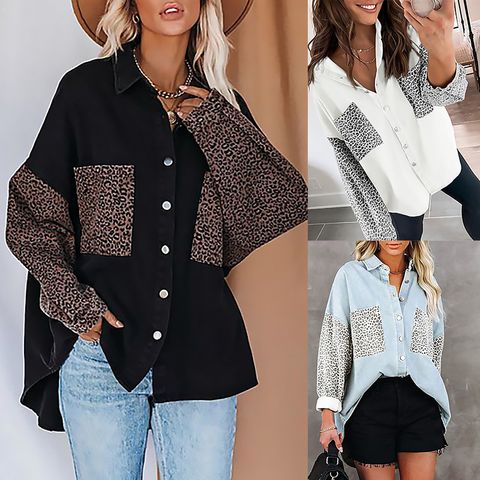 Women's Blouse Long Sleeve Blouses Printing Patchwork Fashion Leopard