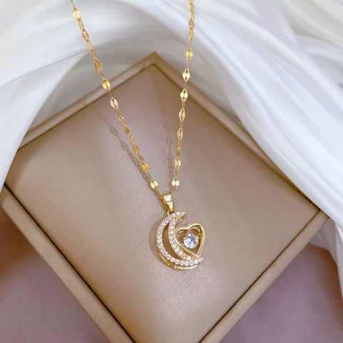 Fashion Moon Heart Shape Titanium Steel Copper Inlay Artificial Gemstones Pendant Necklace