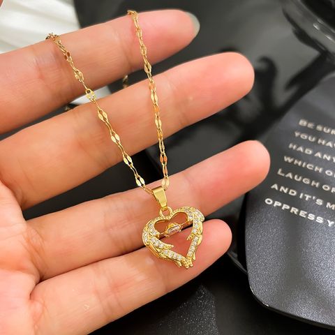 Fashion Heart Shape Titanium Steel Copper Inlay Artificial Diamond Pendant Necklace