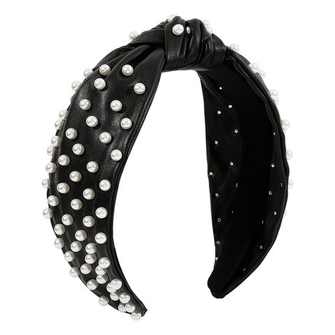 Fashion Solid Color Pu Leather Inlay Artificial Pearls Hair Band 1 Piece