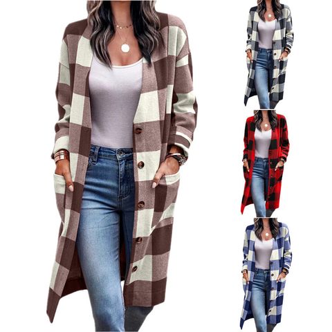 Women's Simple Style Plaid Pocket Patchwork Single Breasted Coat Woolen Coat