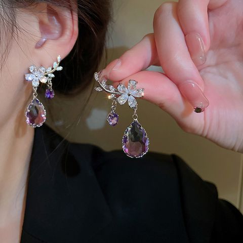 Fashion Flower Copper Inlay Zircon Drop Earrings 1 Pair