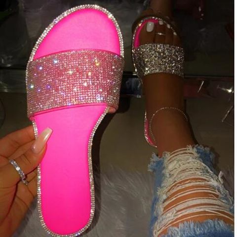 Women's Vintage Style Snakeskin Sequins Rhinestone Round Toe Slides Slippers